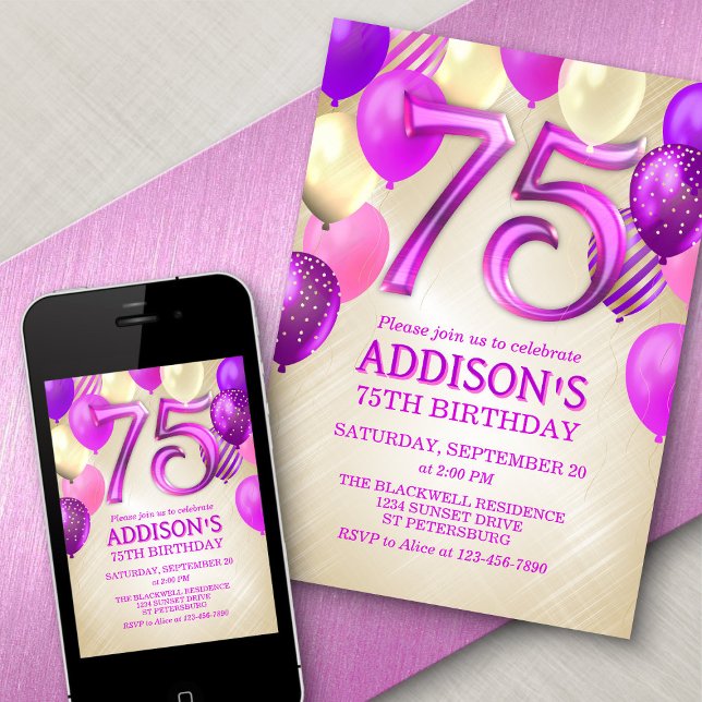75th Birthday Pink Balloons Invitation (Creator Uploaded)