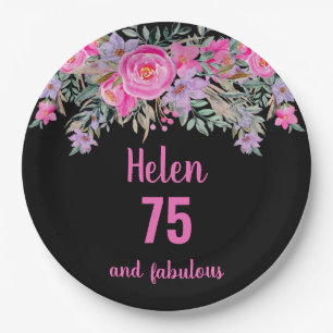 75th birthday pink black watercolor floral  paper plate