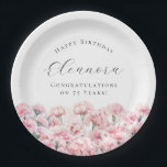 75th Birthday Pink Carnation January Birth Flower Paper Plate<br><div class="desc">Perfect table decor for a January birthday party. Carnation is the birth flower for that month. It forms a pretty watercolor floral bottom border on this pretty personalized paper plate. The birthday celebrant's name,  age and birthdate are placed above it using elegant calligraphy and typography. All text is editable.</div>