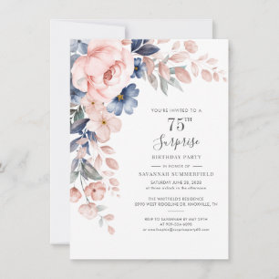 75th Birthday Pink Floral Botanical Foliage Invitation