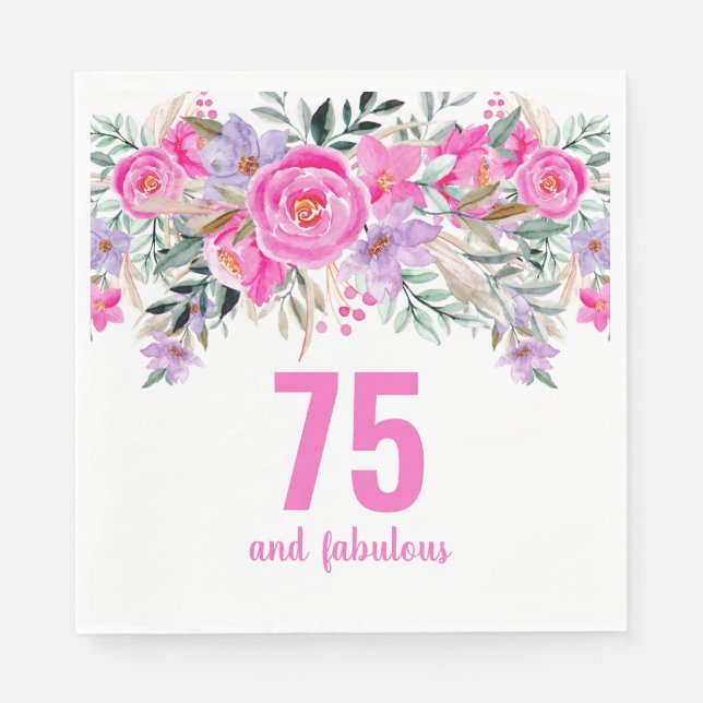 75th birthday pink floral party napkins (Front)