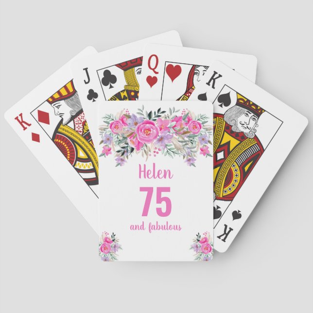 75th birthday pink floral playing cards (Back)