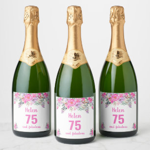 75th birthday pink floral sparkling wine label