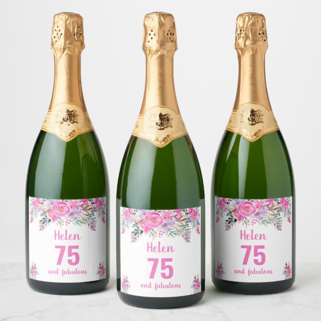 75th birthday pink floral  sparkling wine label (Bottles)