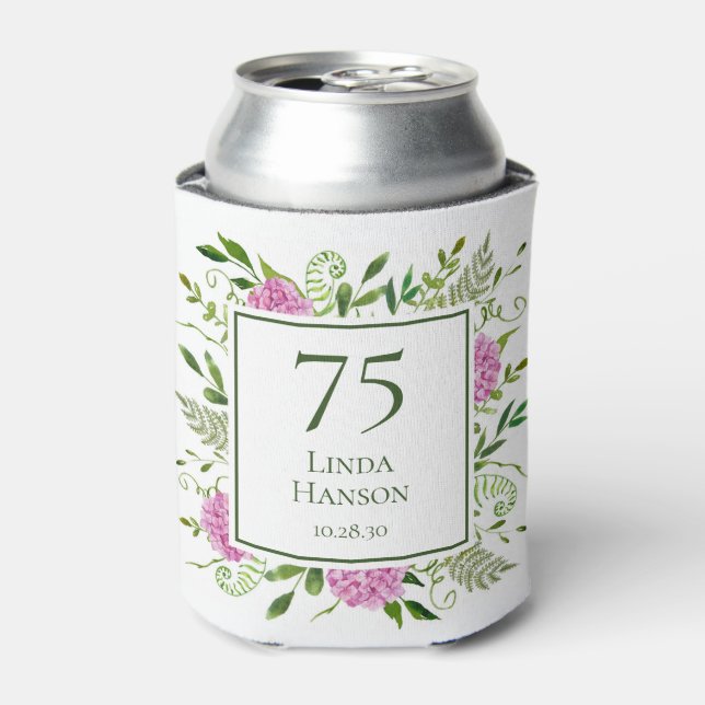 75th Birthday Pink Hydrangeas Can Cooler (Can Front)