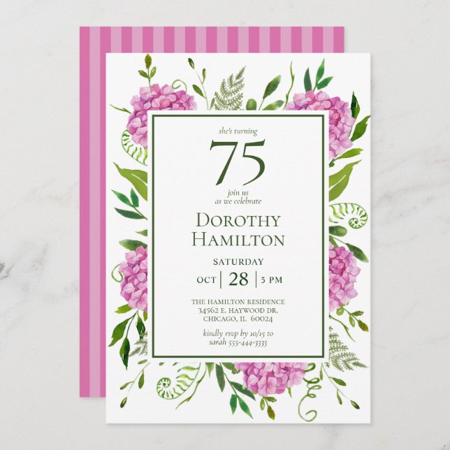 75th Birthday Pink Hydrangeas Invitation (Front/Back)