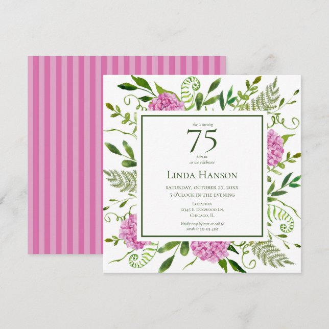 75th Birthday Pink Hydrangeas Invitation (Front/Back)