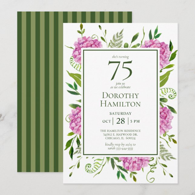 75th Birthday Pink Hydrangeas Invitation (Front/Back)