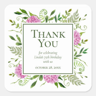 75th Birthday Pink Hydrangeas Thank You Square Sticker