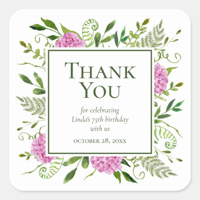 75th Birthday Pink Hydrangeas Thank You Square Sticker (Front)