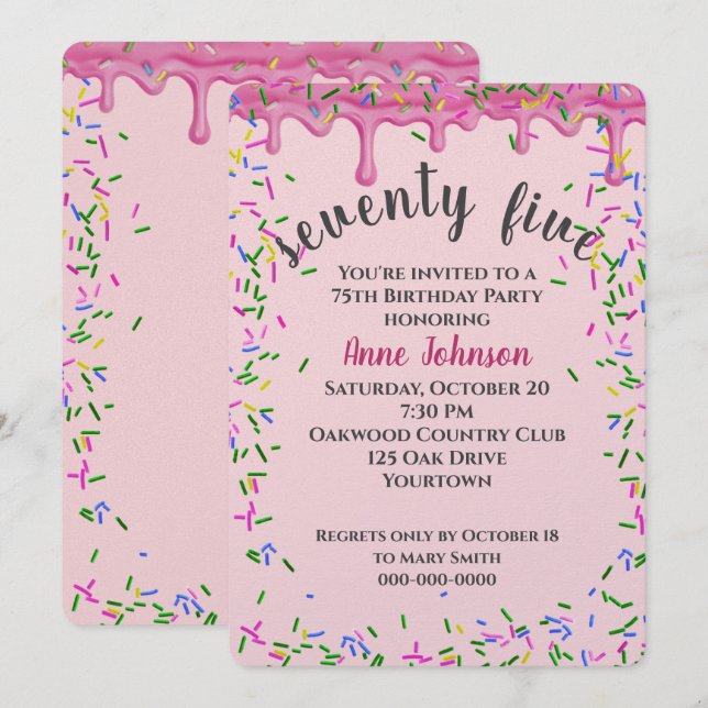 75th Birthday Pink Icing And Sprinkles Invitation (Front/Back)