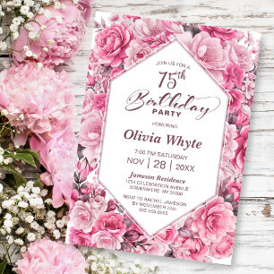 75th Birthday Pink Rose Floral Party Invitation