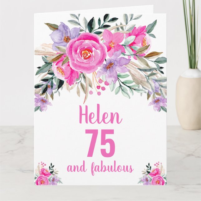 75th birthday pink watercolor floral card (Front)