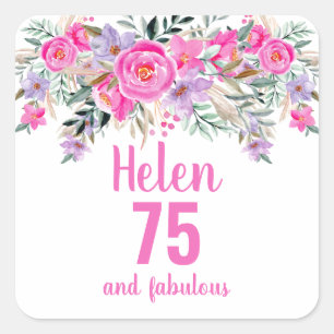 75th birthday pink watercolor floral classic square sticker