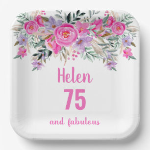 75th birthday pink watercolor floral  paper plate