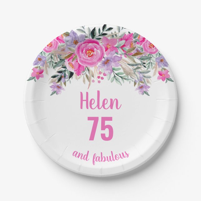 75th birthday pink watercolor floral  paper plate (Front)