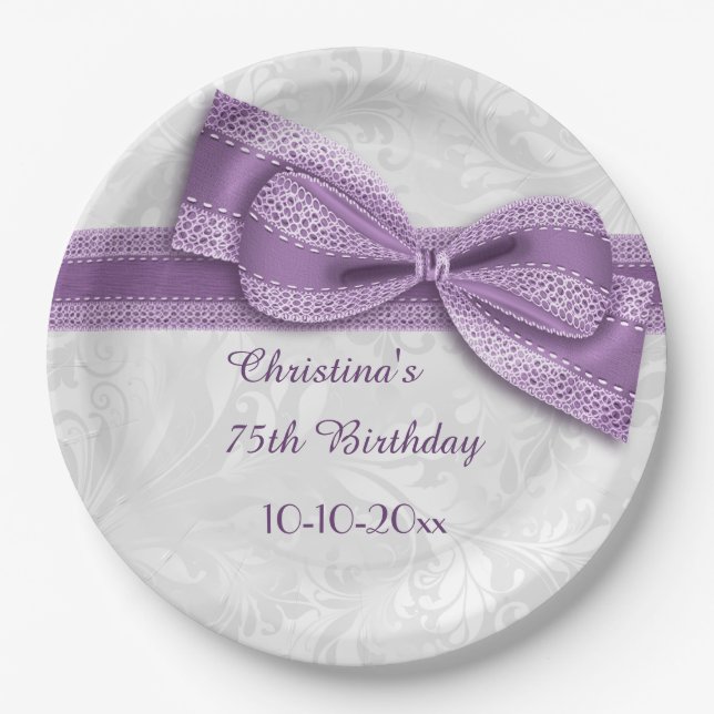 75th Birthday Purple Damask and Faux Bow Paper Plate (Front)