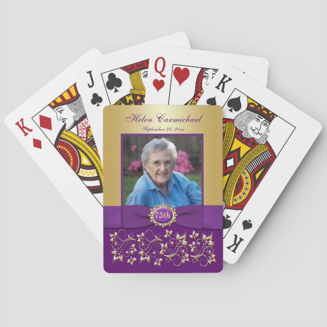 75th Birthday Purple Gold Floral Playing Cards (Back)