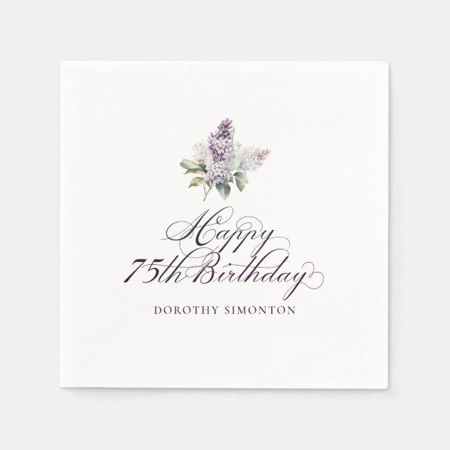 75th Birthday Purple Lilac Spring Flower Cocktail Napkin (Front)