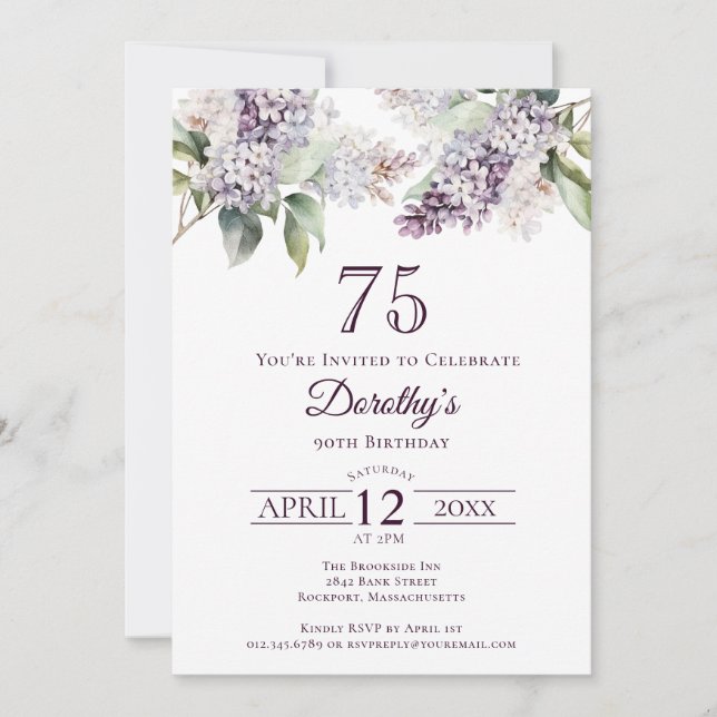 75th Birthday Purple Spring Lilac Flower Invitation (Front)
