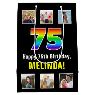 75th Birthday: Rainbow “75“, Custom Photos & Name Medium Gift Bag