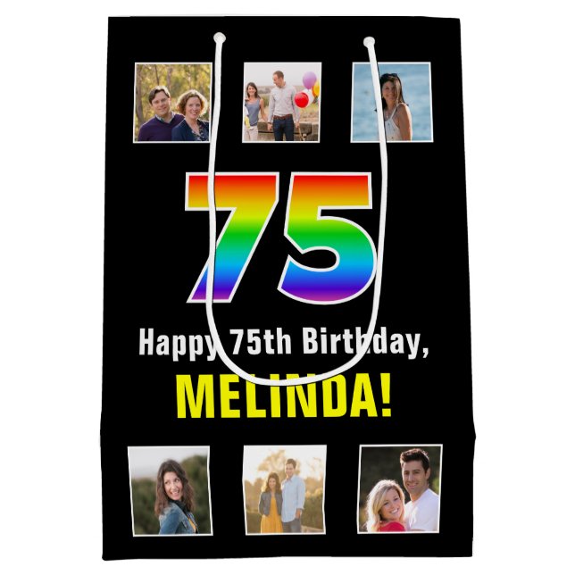 75th Birthday: Rainbow “75“, Custom Photos & Name Medium Gift Bag (Back)