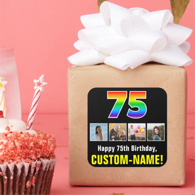 75th Birthday: Rainbow “75”; Custom Photos & Name Square Sticker | Zazzle
