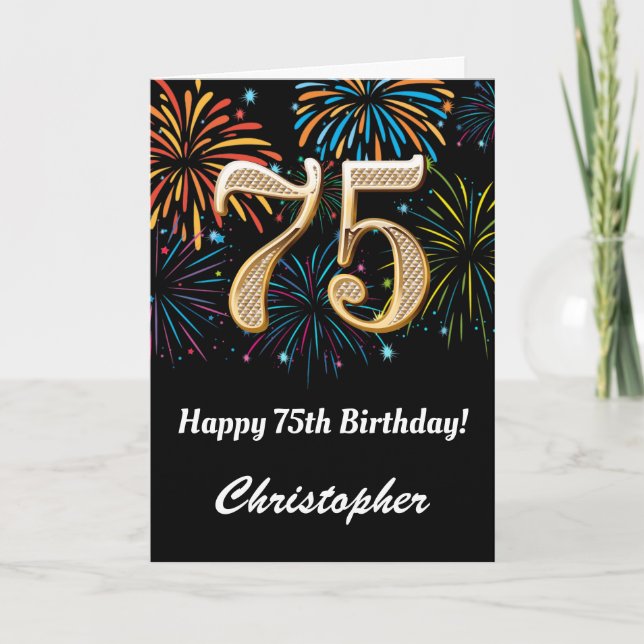75th Birthday Rainbow Fireworks Black and Gold Card (Front)