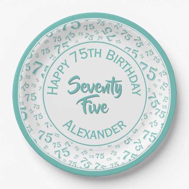 75th Birthday Random Number Pattern Teal/White Paper Plate (Front)