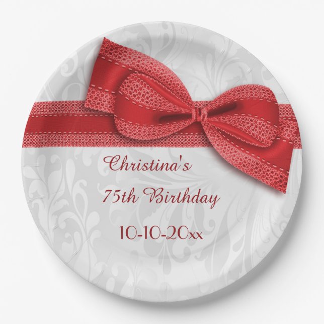 75th Birthday Red Damask and Faux Bow Paper Plate (Front)