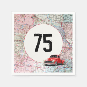75th Birthday Red Retro Truck on Road Map Napkin
