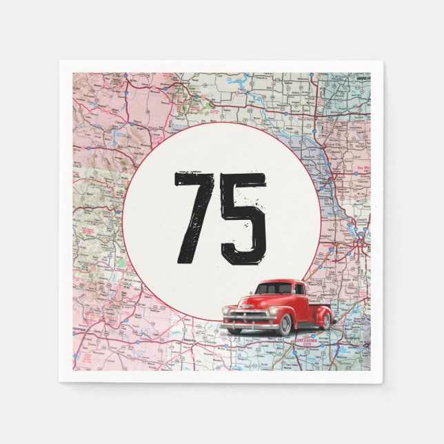 75th Birthday Red Retro Truck on Road Map Napkin (Front)