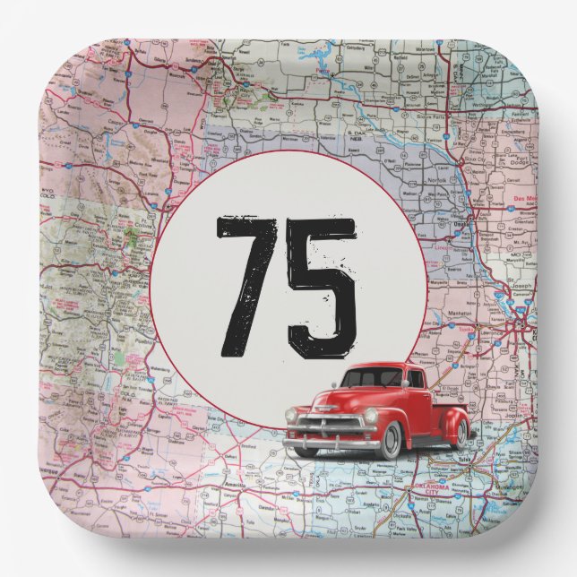 75th Birthday Red Retro Truck on Road Map  Paper Plate (Front)