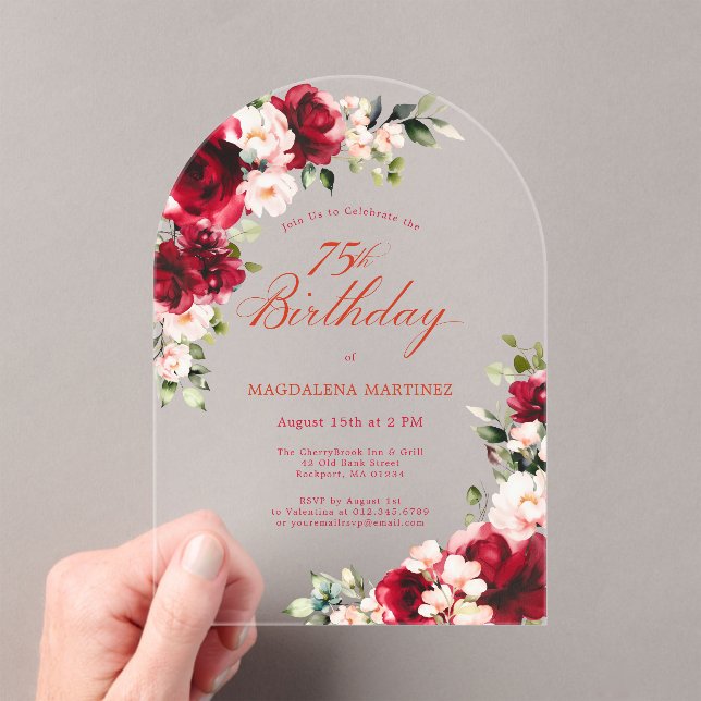 75th Birthday Red Rose Pink Peony Floral Arch Acrylic Invitations (Insitu (Handheld))