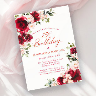 75th Birthday Red Rose Pink Peony Floral Invitation