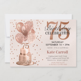 75th Birthday Rose Gold Cake Surprise Party Invitation
