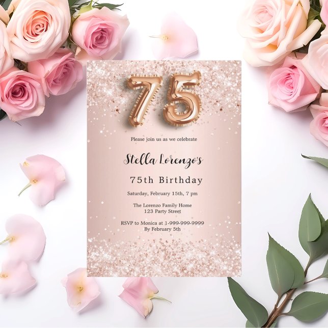 75th birthday rose gold pink confetti luxury invitation (Creator Uploaded)