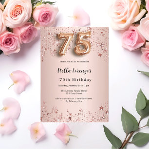 75th birthday rose gold pink stars invitation
