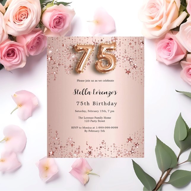 75th birthday rose gold pink stars invitation (Creator Uploaded)