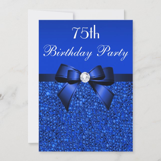 75th Birthday Royal Blue Sequins Bow and Diamond Invitation (Front)