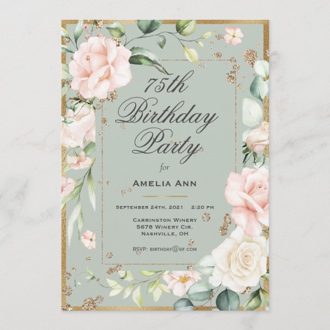 75th Birthday Sage Green Gold Watercolor Floral  Invitation (Front)