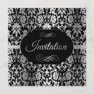 75th Birthday   Silver & Black Damask Invitation