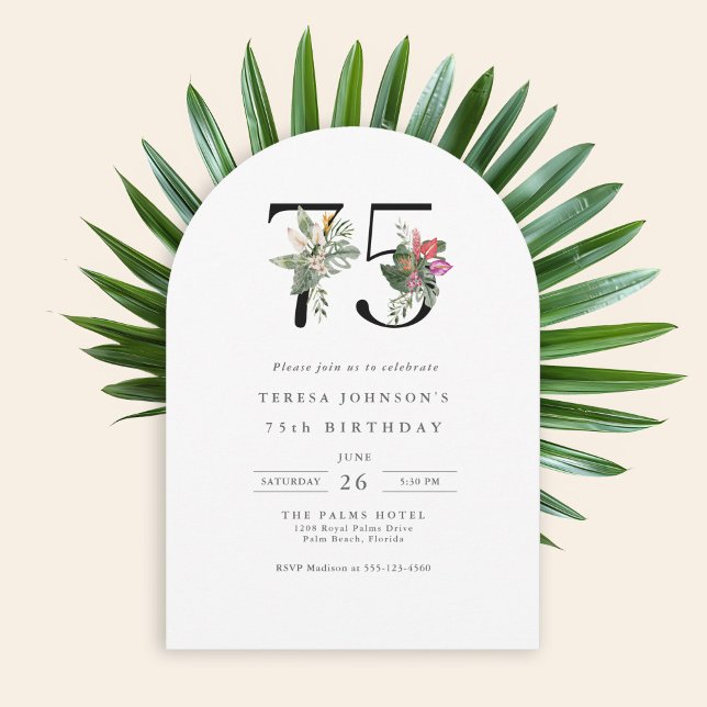 75th Birthday Simple Elegant Tropical Floral Invitation (Available in both printed and instant download digital formats.)