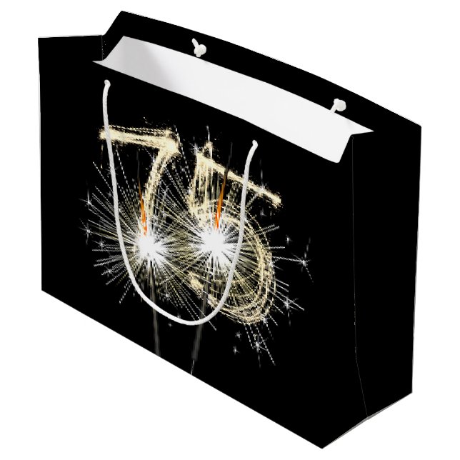 75th Birthday Sparklers On Black Large Gift Bag (Back Angled)