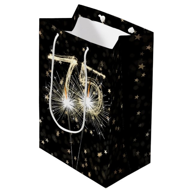 75th Birthday Sparklers on Black With Stars Medium Gift Bag (Front Angled)