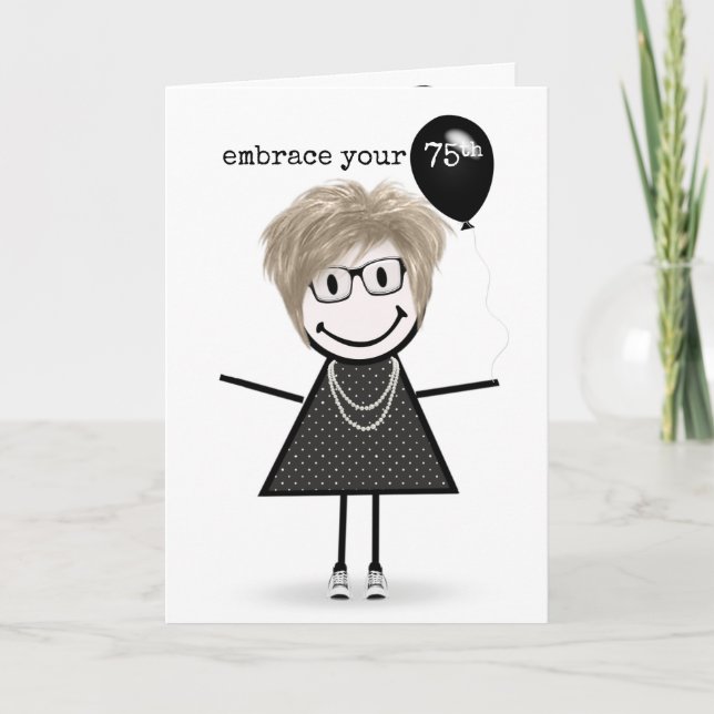 75th Birthday Stick Figure Girl with Balloon Card (Front)