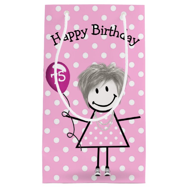 75th Birthday Stick Girl with Pink Balloon Small Gift Bag (Front)