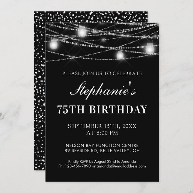 75th Birthday String Lights Jars Black White Invitation (Front/Back)