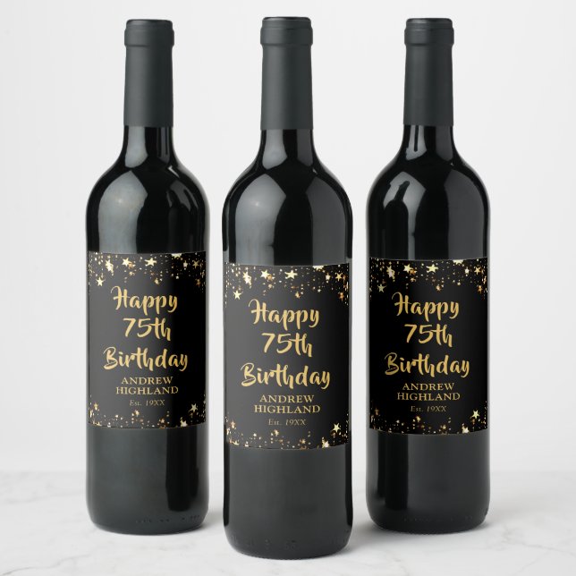 75th Birthday Stylish Black Gold Stars Name Wine Label (Bottles)