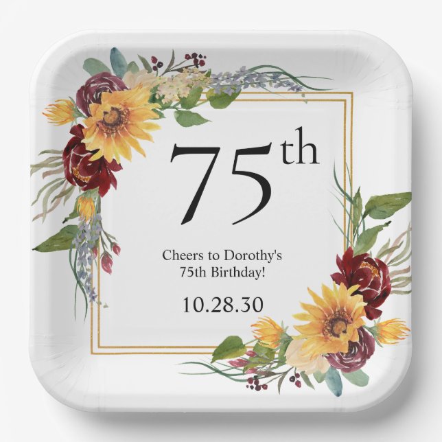 75th Birthday Sunflowers Paper Plate (Front)